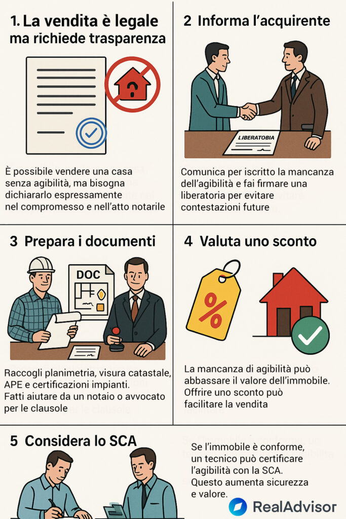Infografica che illustra come procedere con la vendita senza abitabilità