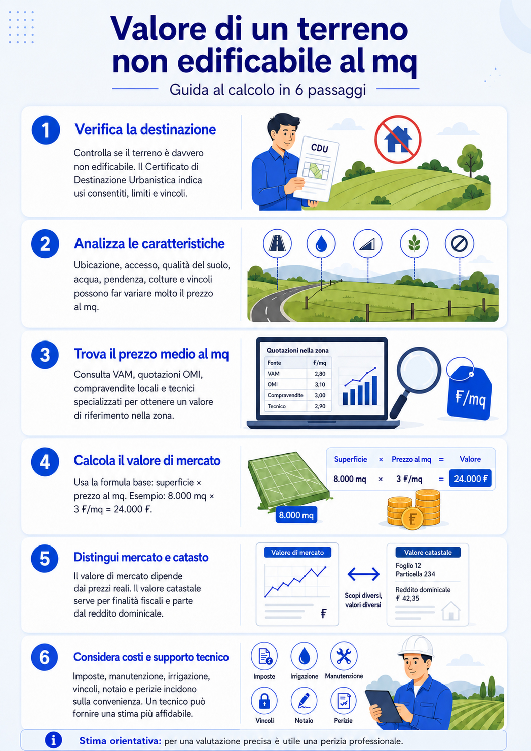 Infografica che illustra come funziona la valutazione di un terreno non edificabile