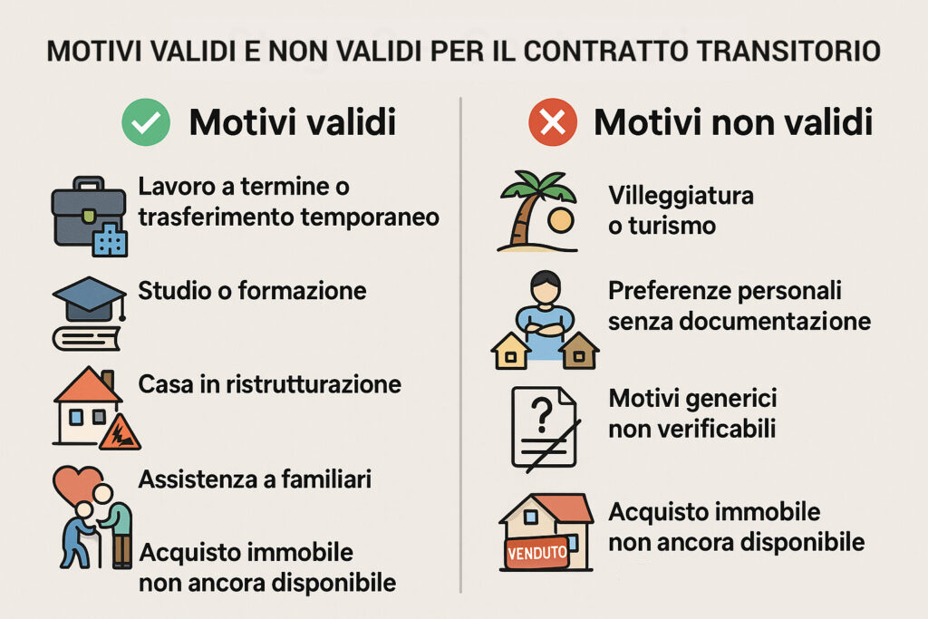 Infografica che illustra quali sono i motivi validi e invalidi di un contratto transitorio