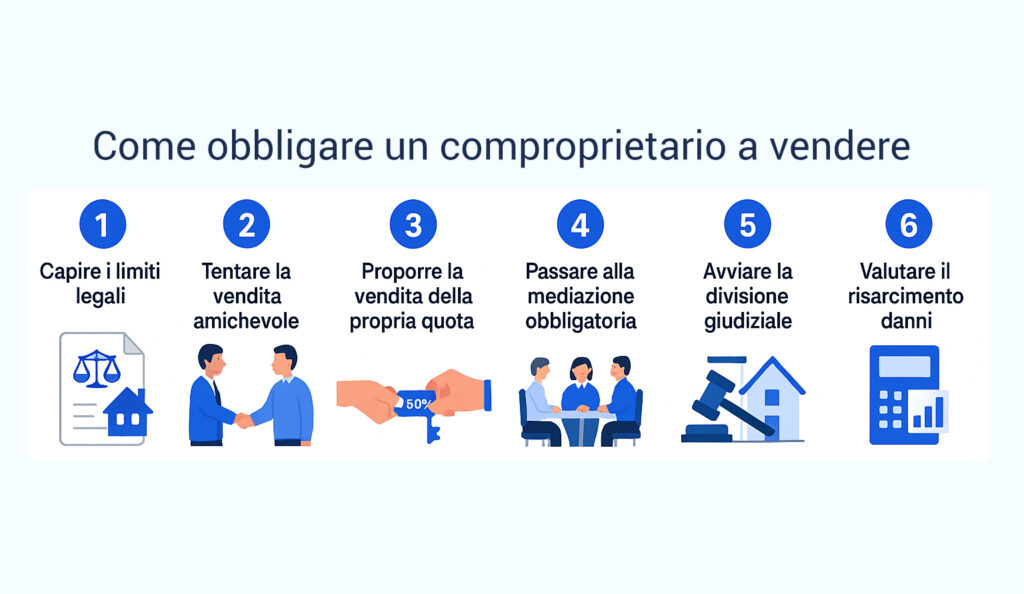 Infografica che spiega come obbligare il comproprietario a vendere