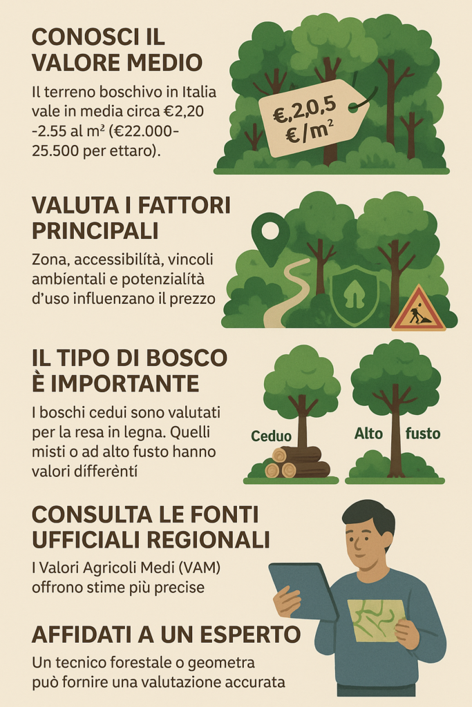 Infografica che illustra come calcolare il valore di un terreno boschivo