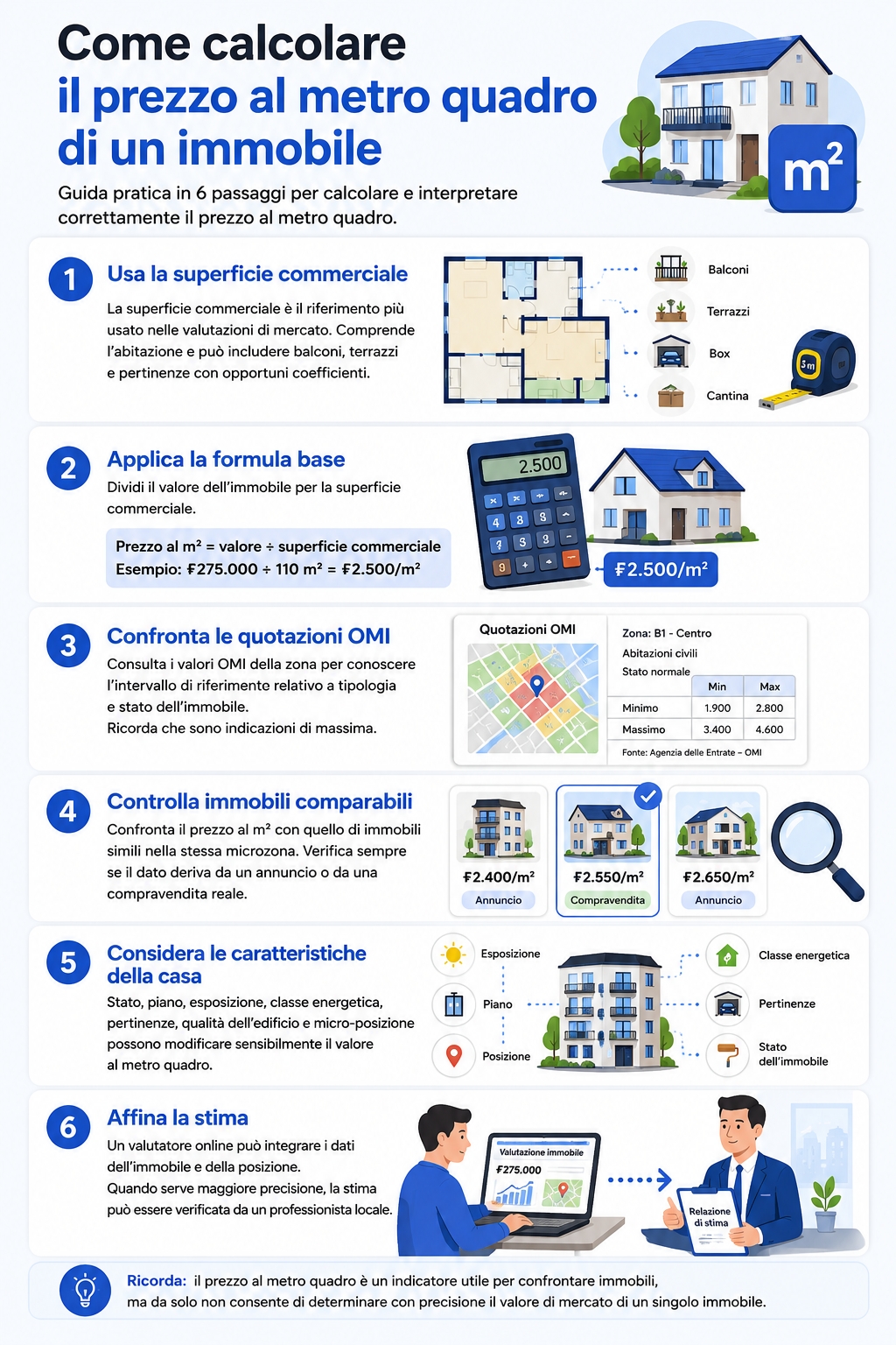 Infografica che spiega come calcolare il prezzo al metro quadro di un immobile