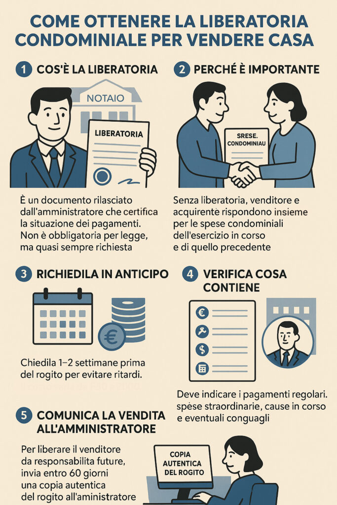 Infografica che illustra come funziona la liberatoria condominiale per vendere casa
