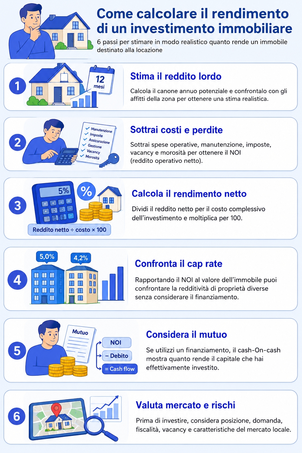 Infografica che illustra come calcolare il rendimento dell'investimento immobiliare