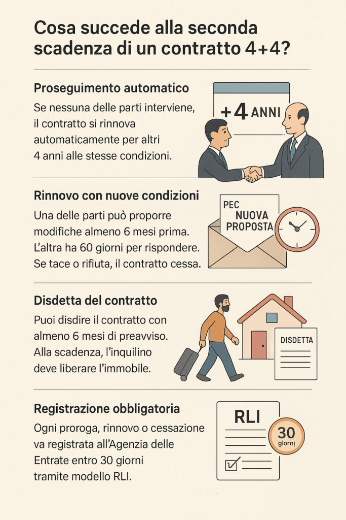 Infografica che illustra cosa succede alla scadenza del contratto 4+4