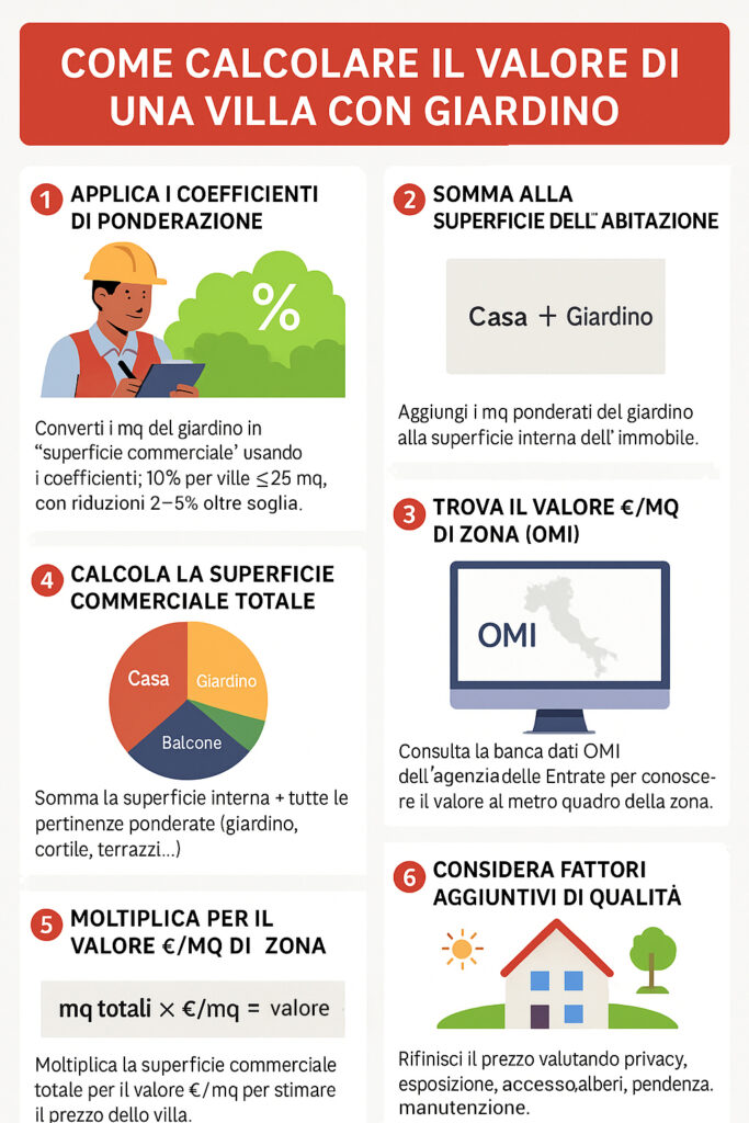 Infografica che illustra come effettuare la valutazione di una casa con giardino