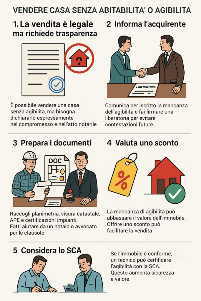 Infografica che illustra come vendere casa senza abitabilità o agibilità