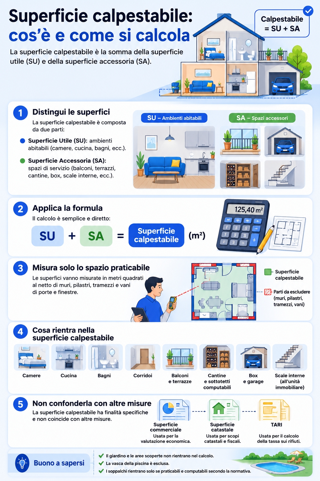Infografica che spiega cos'è e come si calcola la superficie calpestabile