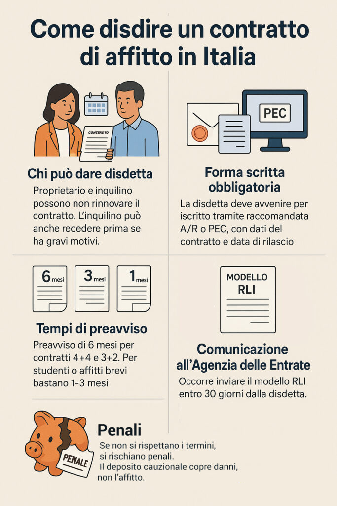 Infografica che illustra come si effettua la disdetta di un contratto di affitto