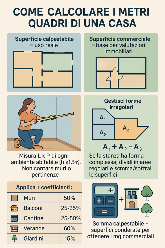Infografica che illustra come calcolare i metri quadri di una casa