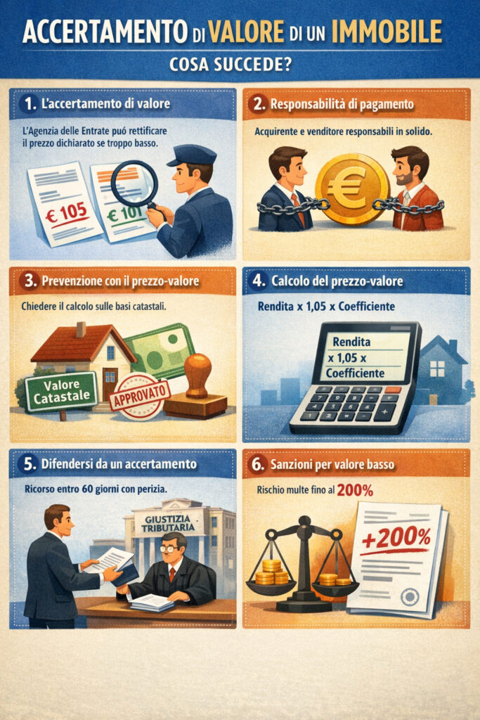 Infografica che illustra chi paga in caso di accertamento del valore dell'immobile