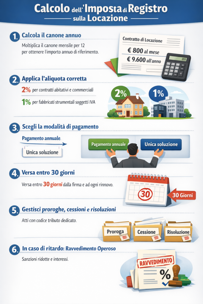 Infografica che illustra come fare il calcolo dell'imposta di registro per la locazione