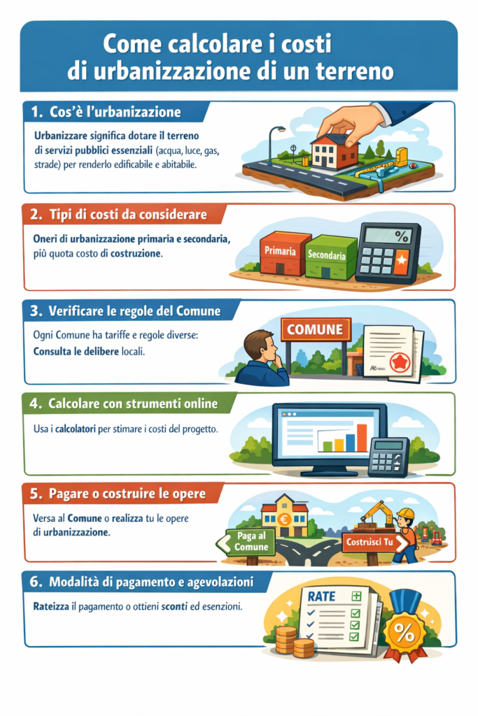 Infografica che illustra come calcolare i costi di urbanizzazione di un terreno