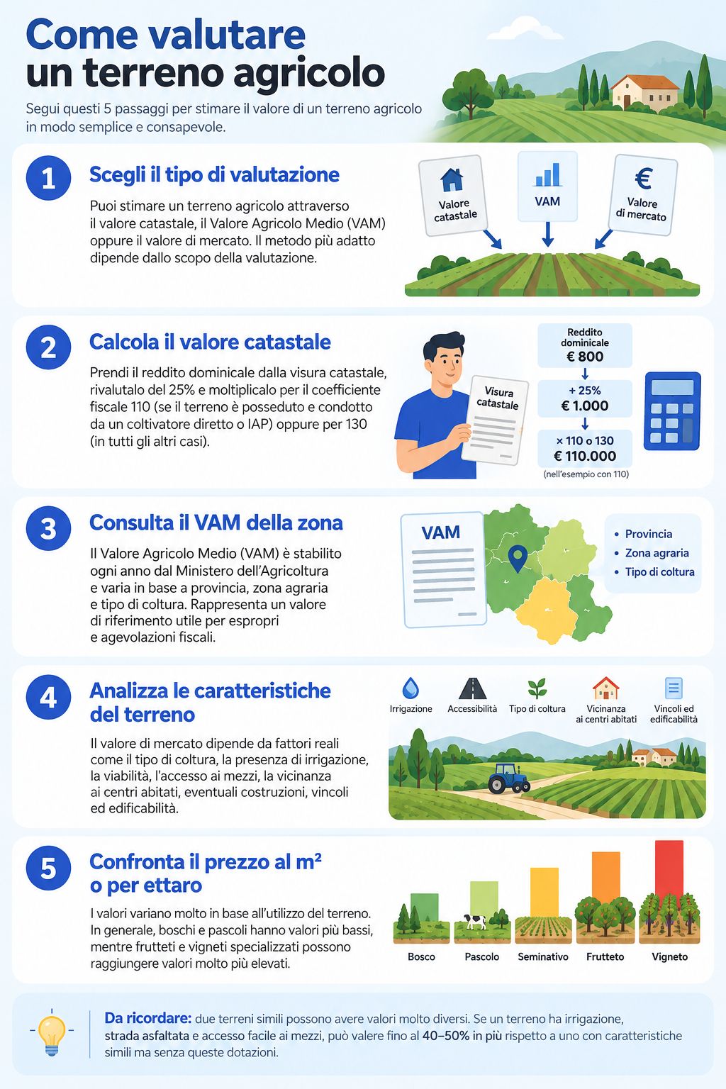 Infografica che illustra come si effettua la valutazione di un terreno agricolo al mq
