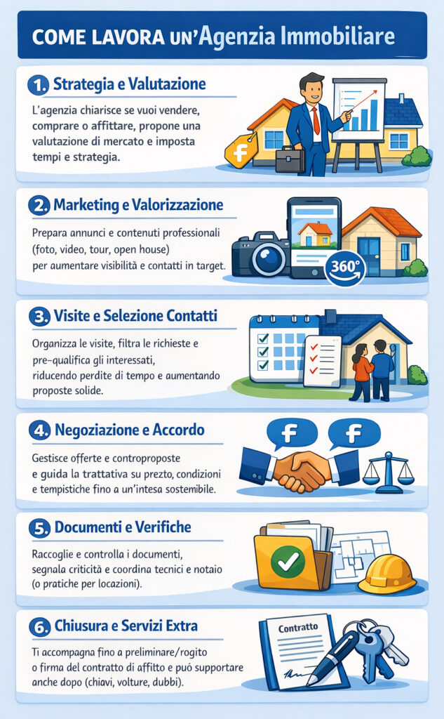 Infografica che illustra come funziona un'agenzia immobiliare e quali servizi offre