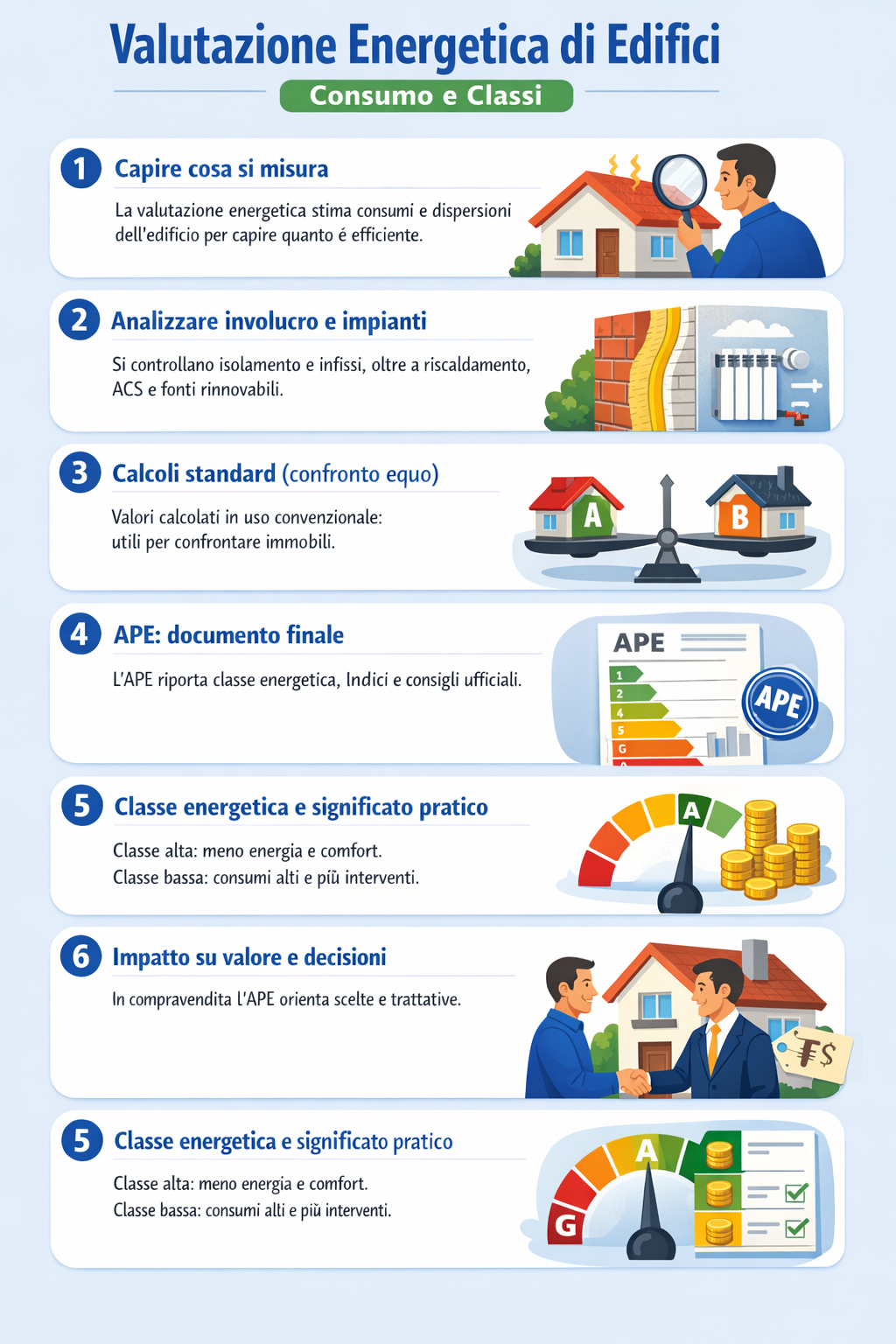 Infografica che illustra come funziona la valutazione energetica degli edifici e della casa