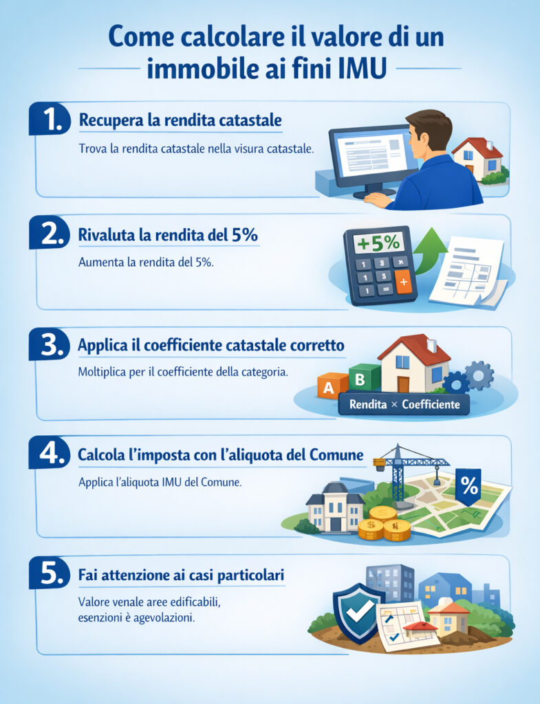Infografica che illustra come calcolare il valore di un immobile ai fini imu