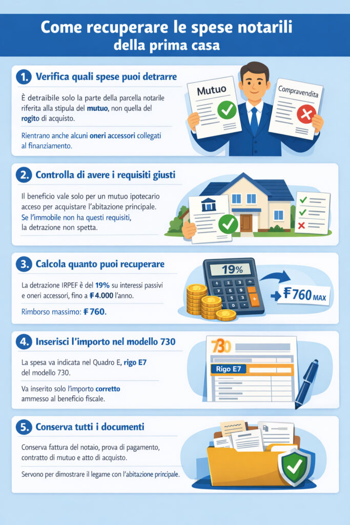 Infografica che illustra come detrarre le spese notarili della prima casa