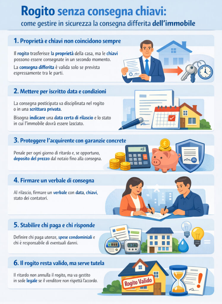 Infografica che illustra come funziona il rogito senza la consegna delle chiavi