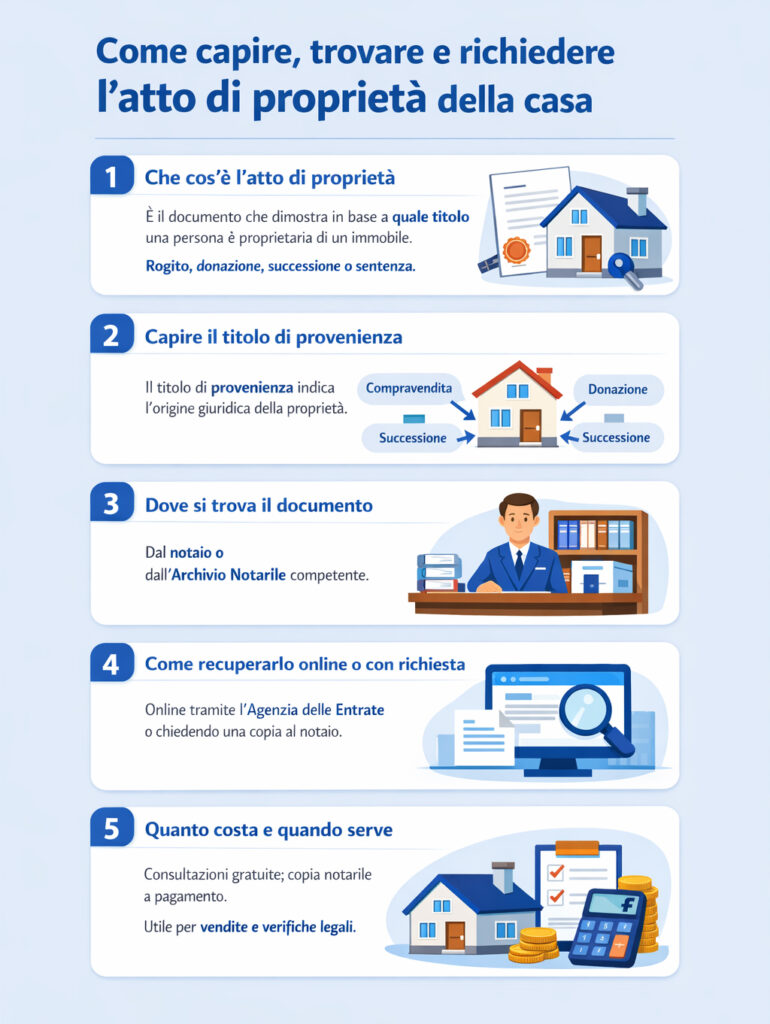Infografica che illustra cos'è e a cosa serve l'atto di proprietà della casa