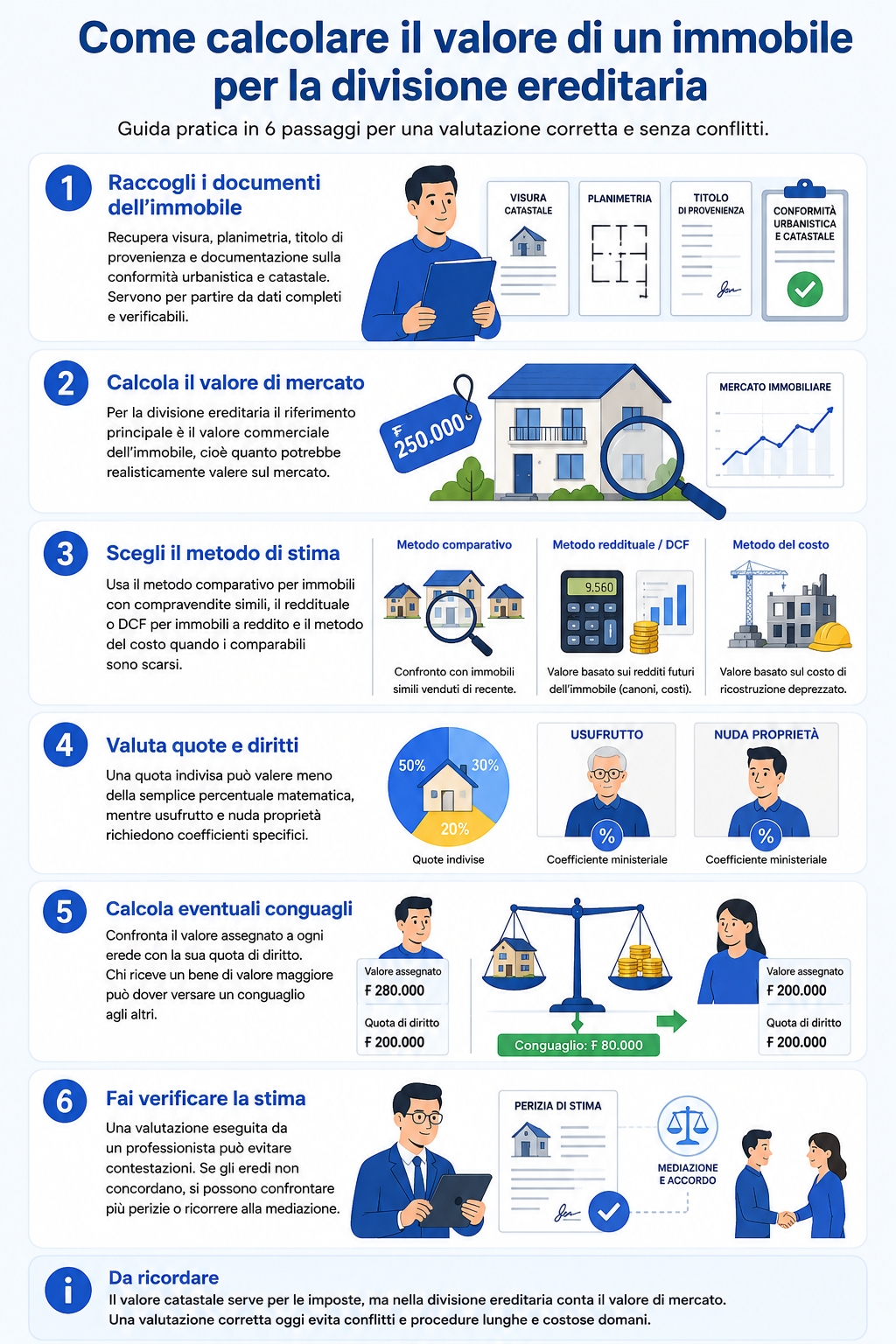 Infografica che spiega come calcolare il valore dell'immobile per la divisione ereditaria